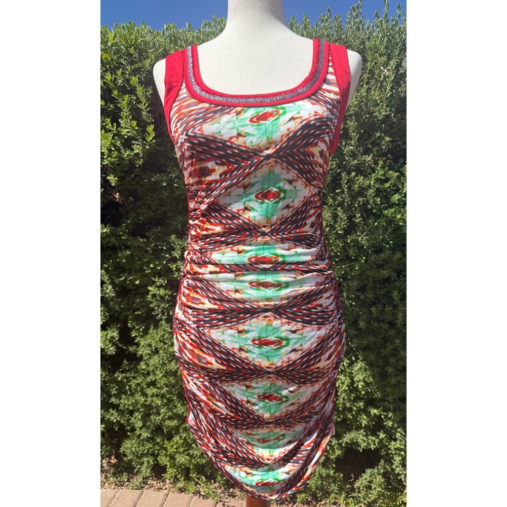 Custo Barcelona Geometric Ruched Bodycon Dress Red Green Silver Beaded Size 1 S